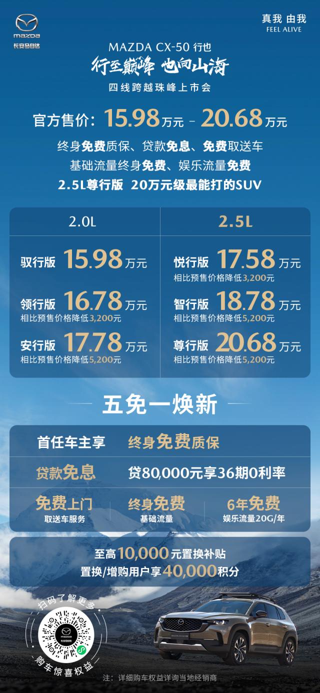 售價(jià)15.98萬(wàn)——20.68萬(wàn)元 “山系生活寬體SUV”長(zhǎng)安馬自達(dá)MAZDA CX