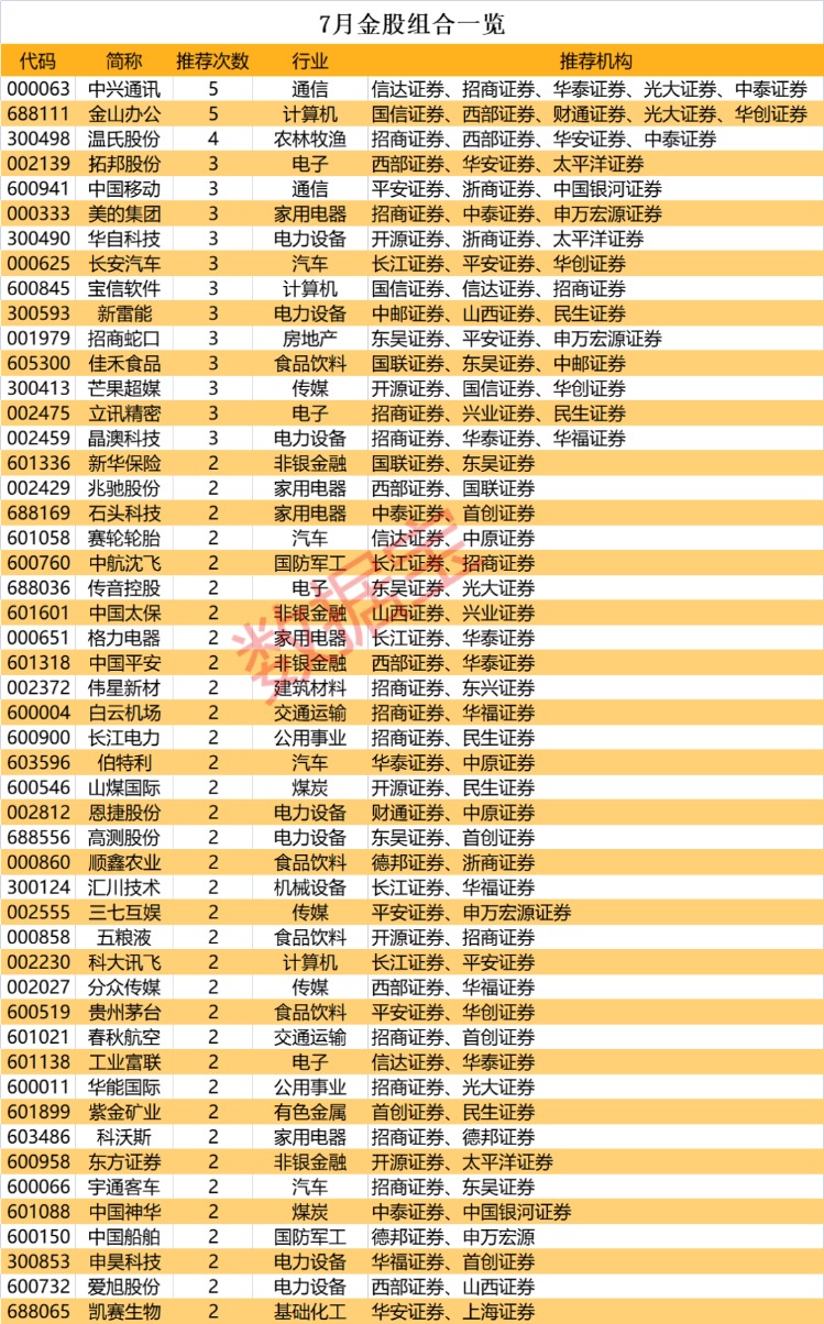 AI辦公龍頭入榜 7月金股組合大曝光！通信龍頭被集中推薦 “豬茅”也在列！