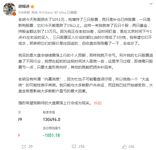 胡錫進在老撾出差仍堅持炒股 今天賬面損失1051元