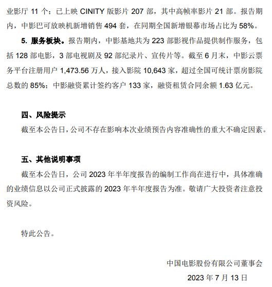 中國電影：上半年凈利潤同比預增1287%到1782%